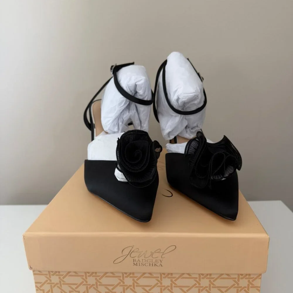 New in Box Jewel Badgley Mischka Taylee Black Ankle Strap Stiletto Heels 10 - Picture 12 of 12